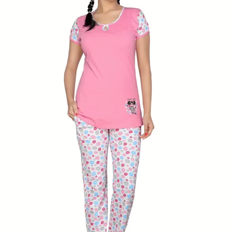 Town Girl-Pink Color top Kiss Pattern Pyjama Night Suit