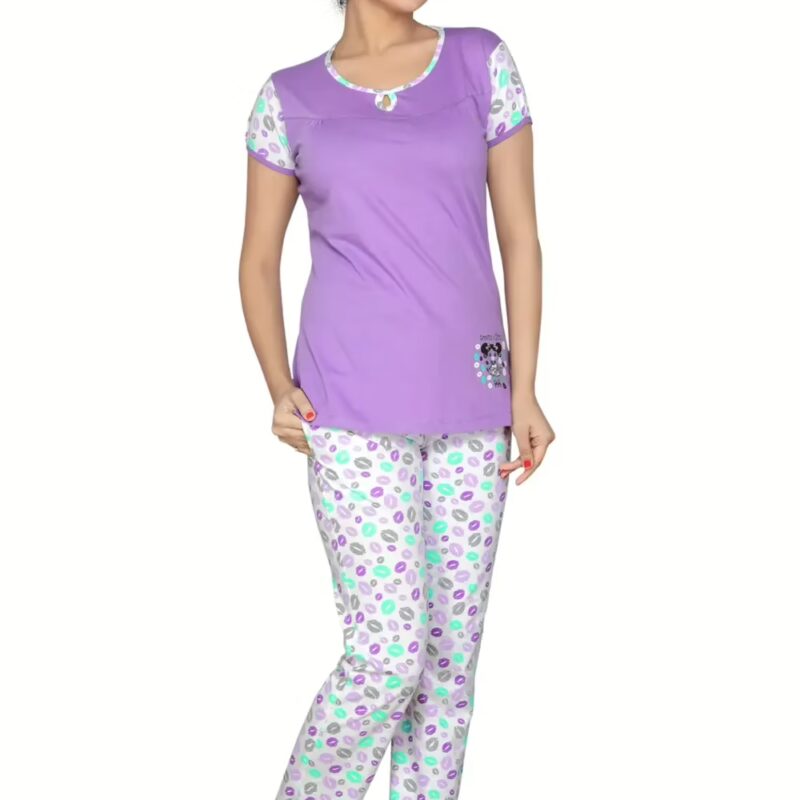 Town Girl-Purple Colour Top Kiss Pattern Pyjama Night Suit