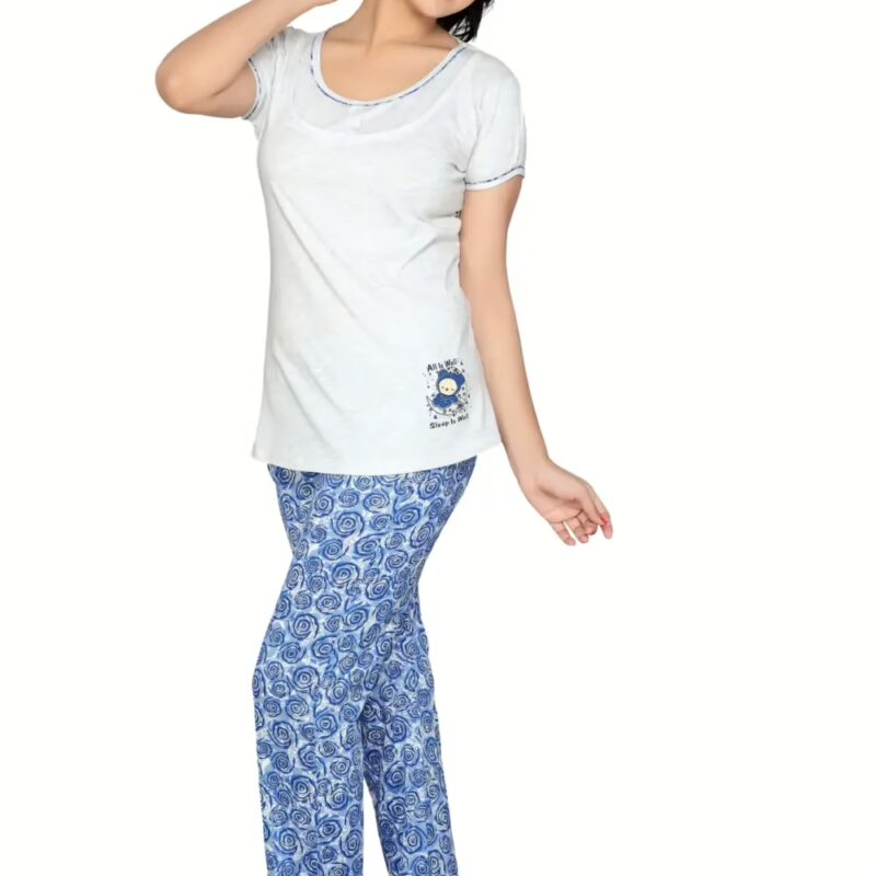 Town Girl-Light Gray Colour Top Blue Spiral Design Pyjama Night Suit