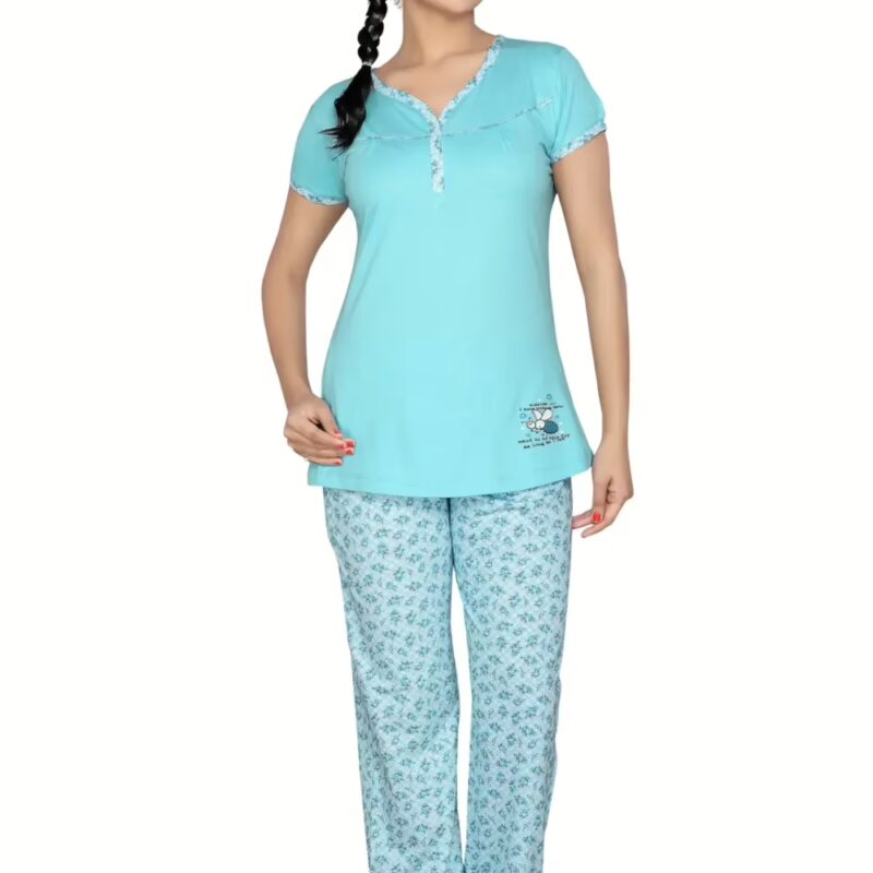 Town Girl-Sky Blue Color Top Printed Pattern Pyjama Night Suit