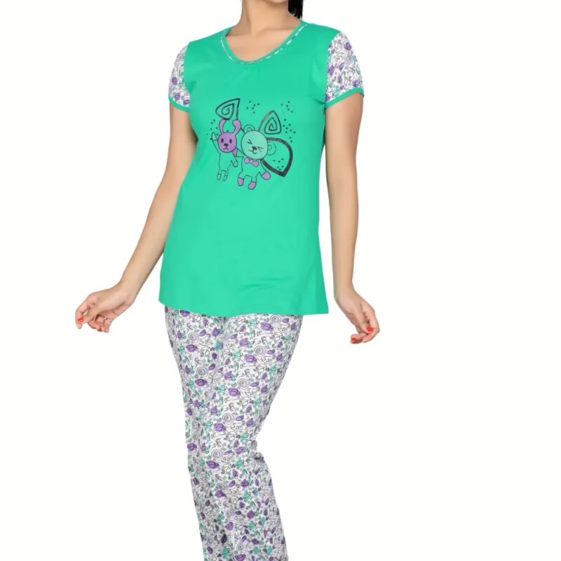 Town Girl-Light Green Color Top Floral Print Pyjama Night Suit