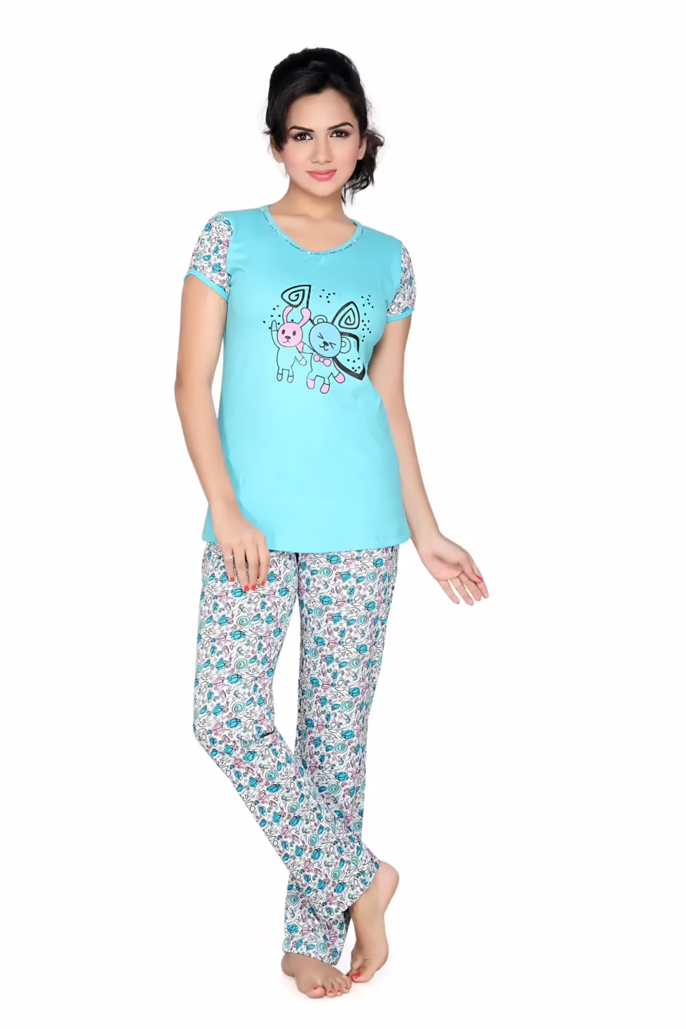 Town Girl-Cute Sky Blue Color Top Floral Print Pyjama Night Suit