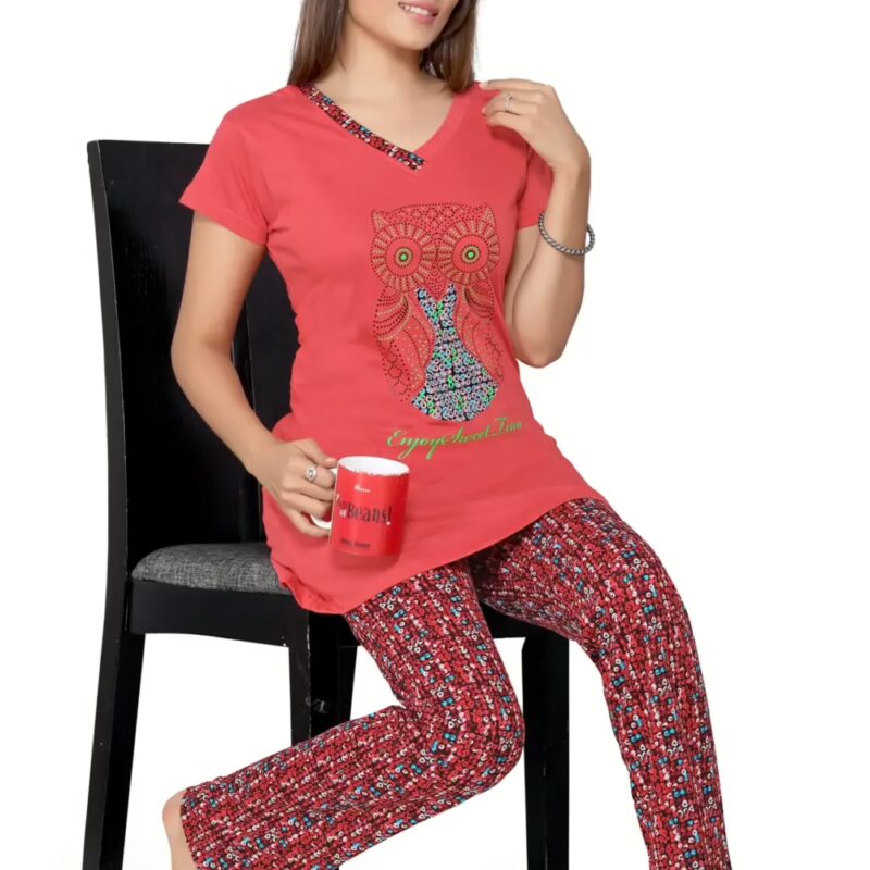 Town Girl-Red Color Top Abstract Design Pyjama Night Suit