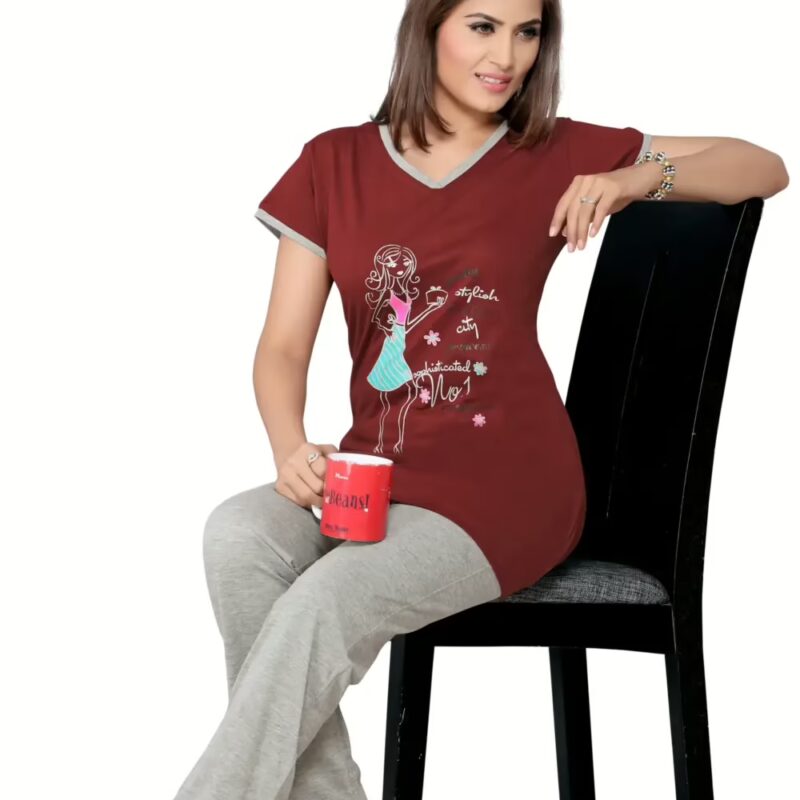 Town Girl-Maroon Color Top Solid Color Pyjama Night Suit