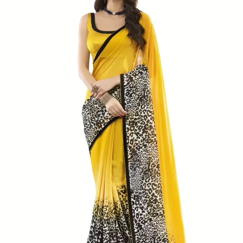 Mizzoli Yellow Designer Georgette Printed Sarees