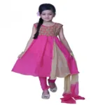 Pazaar Persian-Rose Pink And Peach Yellow Embroidered Festival Kids Anarkali Suit