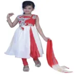 Pazaar Off-White And Rose-Madder Red Embroidered Festival Kids Anarkali Suit