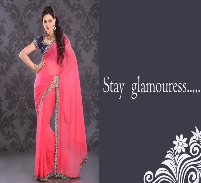 Pazaar Brink Pink Embroidered Party Saree With Zari Thread