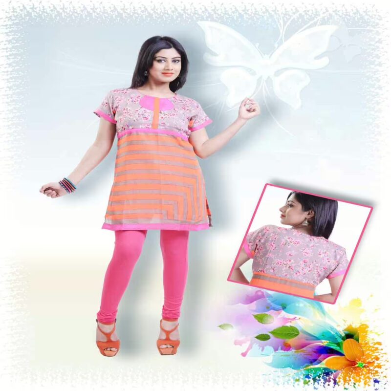 Fashionable Coral Pink Floral Printed  Kurti