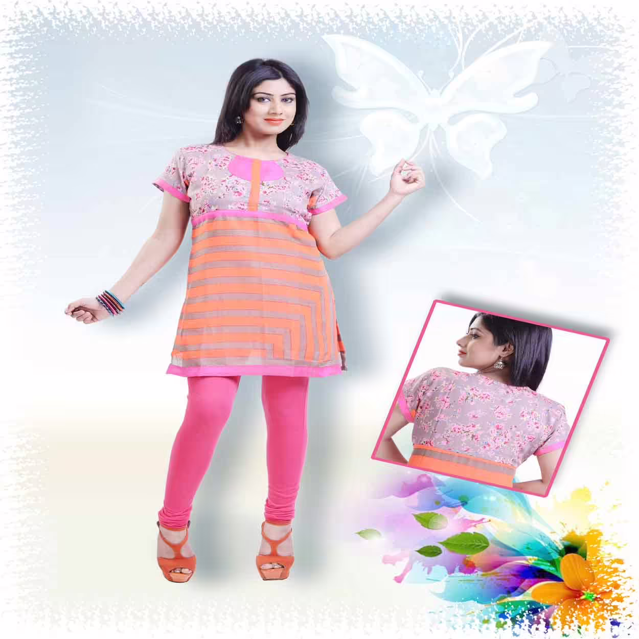 Fashionable Coral Pink Floral Printed Kurti