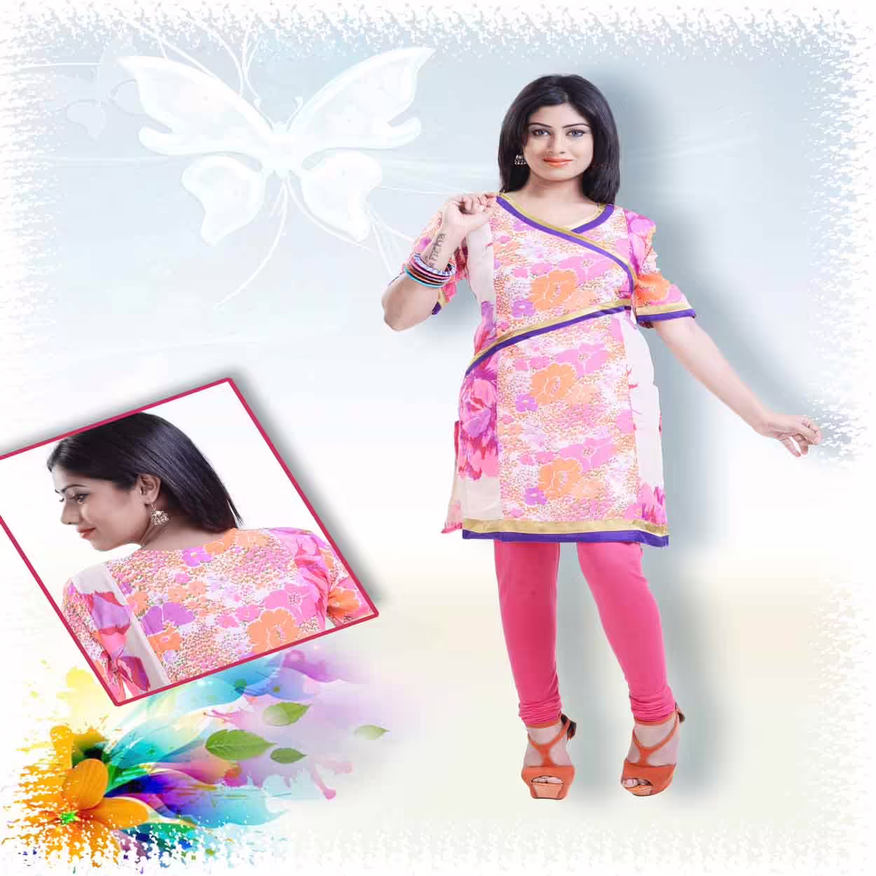 Off-white and Rose Pink Printed Party Kurti