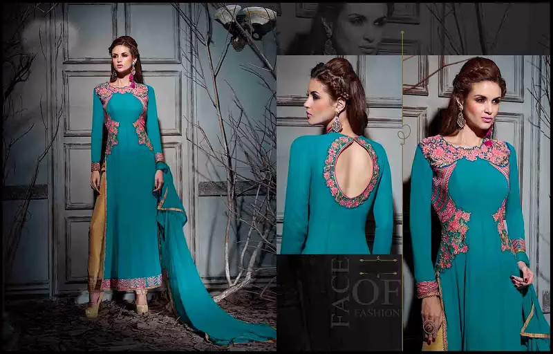 Hi-Fashion Bule Embroidered Straight Suit