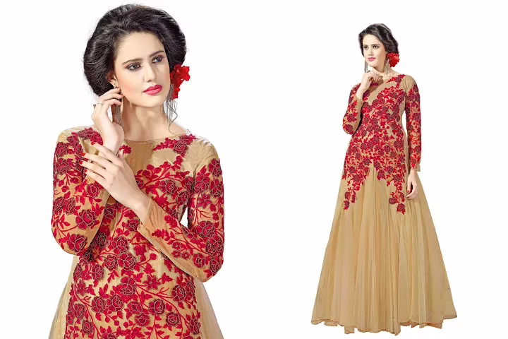 Hi-Fashion Beige Embroidered Designer Readymade Gown