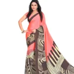 Hi-Fashion Salmon Crepe Print  Work Saree
