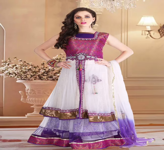 Pazaar Rangoli Off White & Red Violet Embroided Lehenga Choli