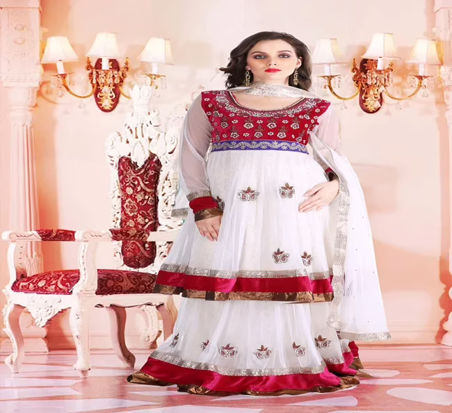 Pazaar Rangoli Off White & Ruby Red Embroided Lehenga Choli