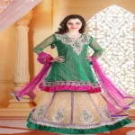 Pazaar Rangoli Jungle Green and Peach Yellow Embroided Lehenga Choli