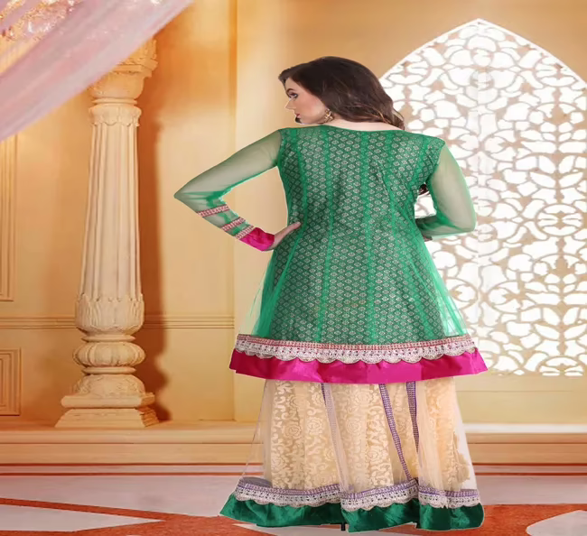Pazaar Rangoli Jungle Green and Peach Yellow Embroided Lehenga Choli - Image 2