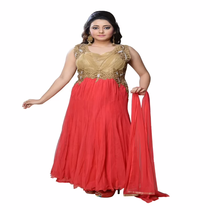 Pazaar Peach Yellow and Coral Red embroidered kameez