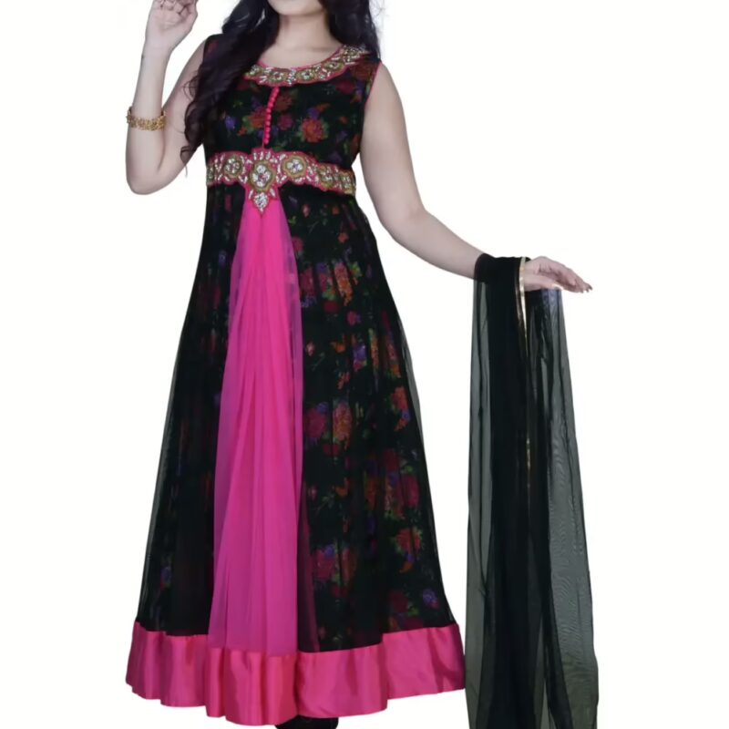 Pazaar Black & Fuchsia Pink Embroidered Festival Anarkali Kameez