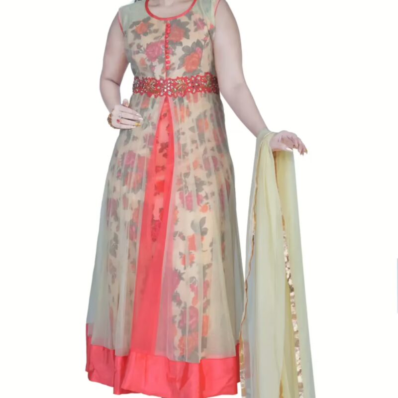 Pazaar Cream Yellow Embroidered Festival Anarkali Kameez
