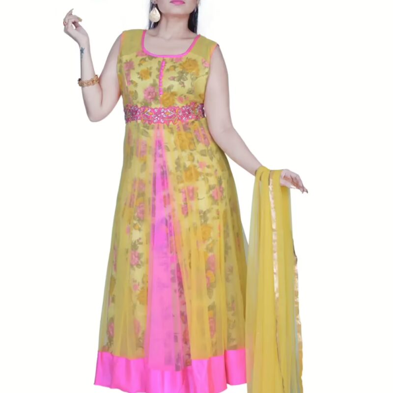 Pazaar Lemon Yellow Embroidered Festival Anarkali Kameez