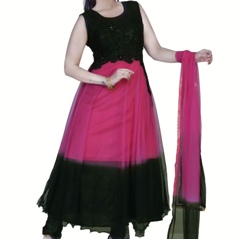 Pazaar Persian Rose Pink & Black Embroidered Festival Anarkali Kameez