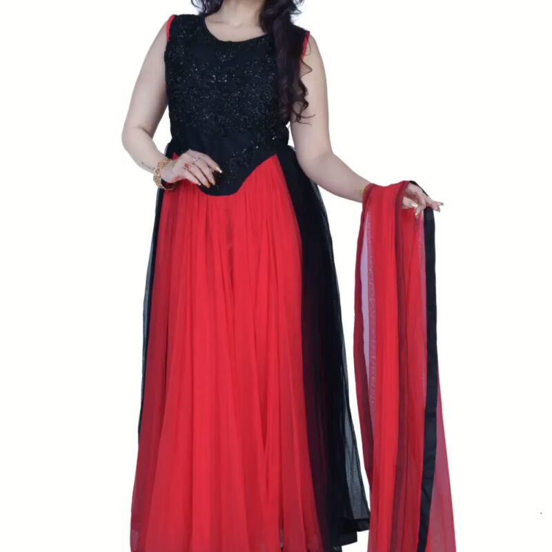 Pazaar Black & Rose Madder Red Embroidered Festival Anarkali Kameez