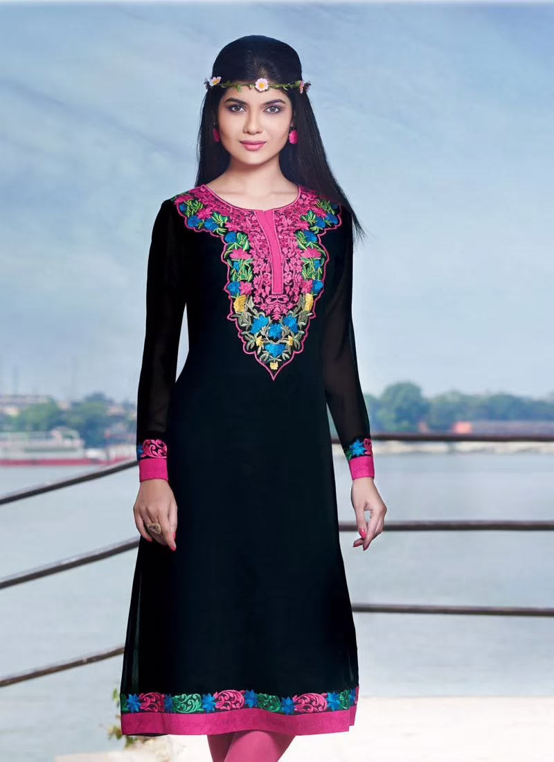 Hi-Fashion Pink Embroidered Designer Readymade Kurtis