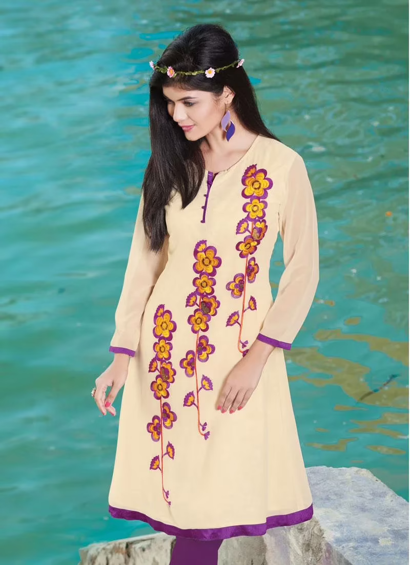 Hi-Fashion Beige Embroidered Designer Readymade Kurtis