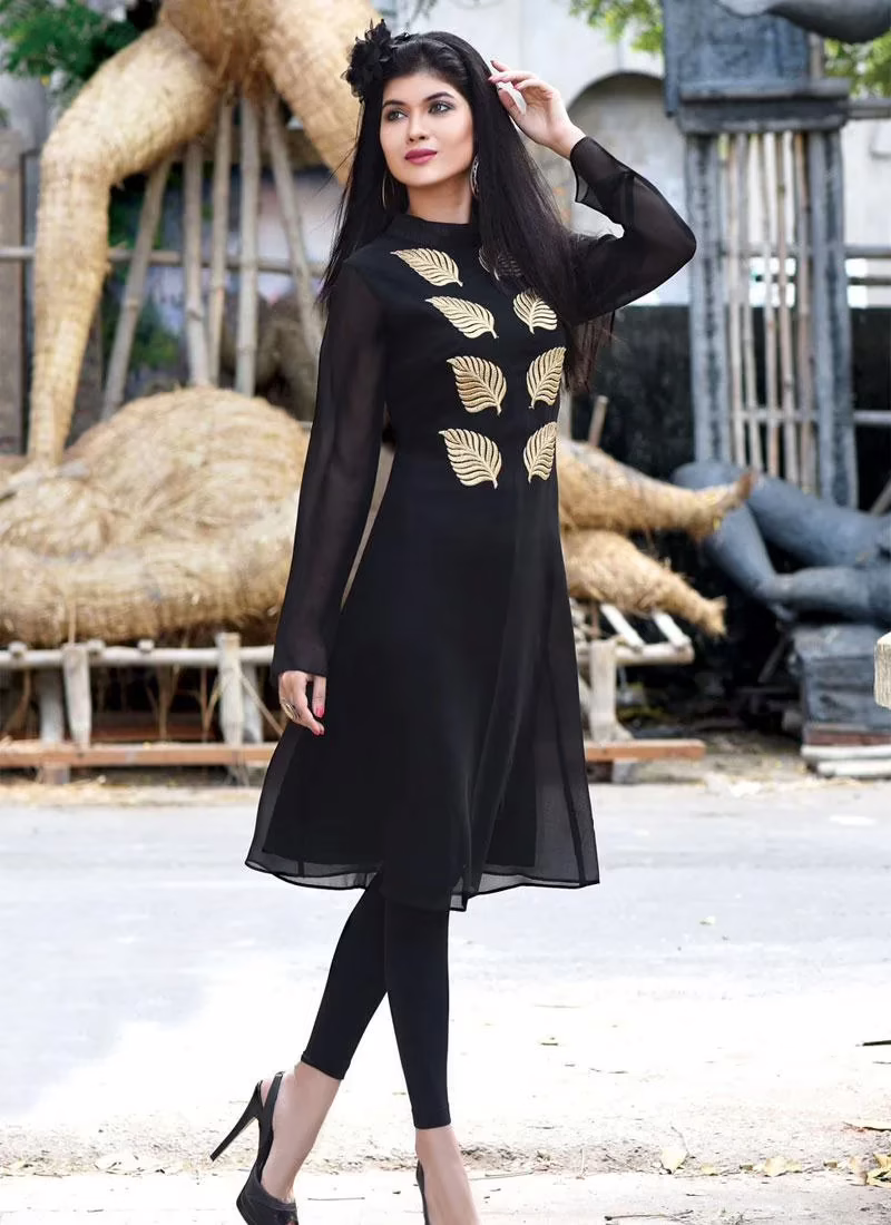 Hi-Fashion Black Embroidered Designer Readymade Kurtis