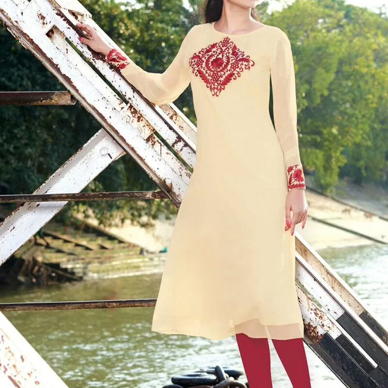 Hi-Fashion Beige Embroidered Designer Readymade Kurtis