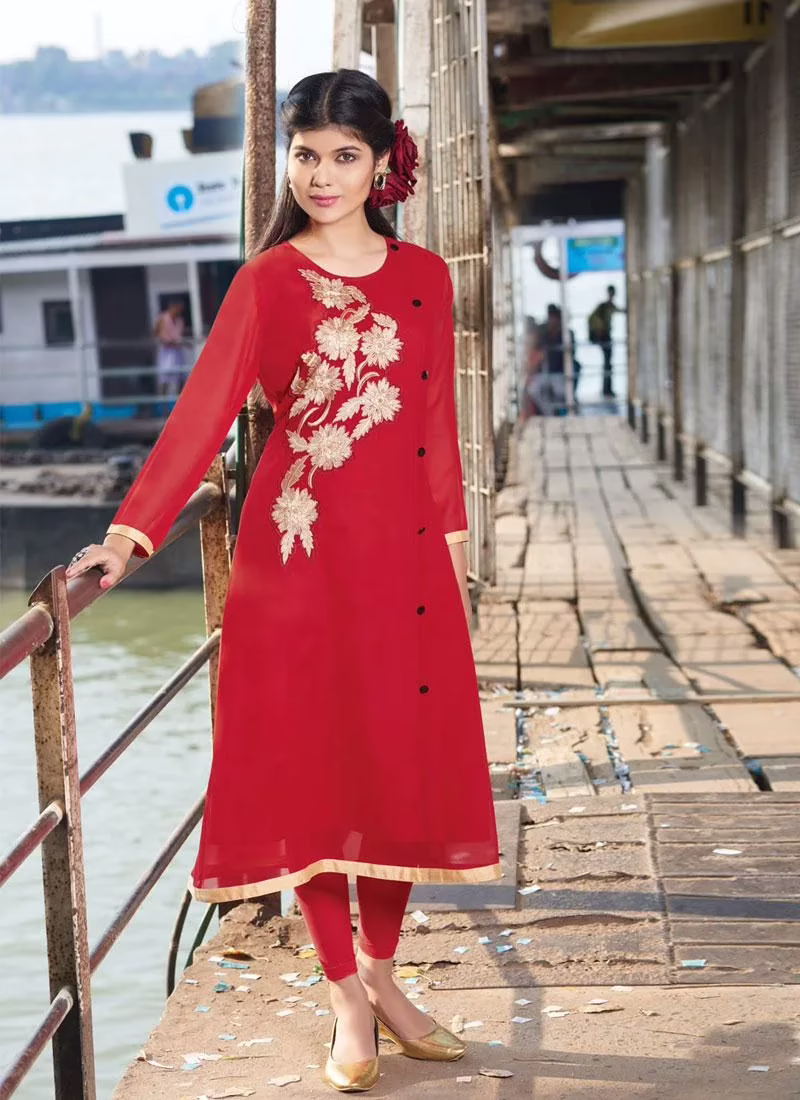 Hi-Fashion Red Embroidered Designer Readymade Kurtis