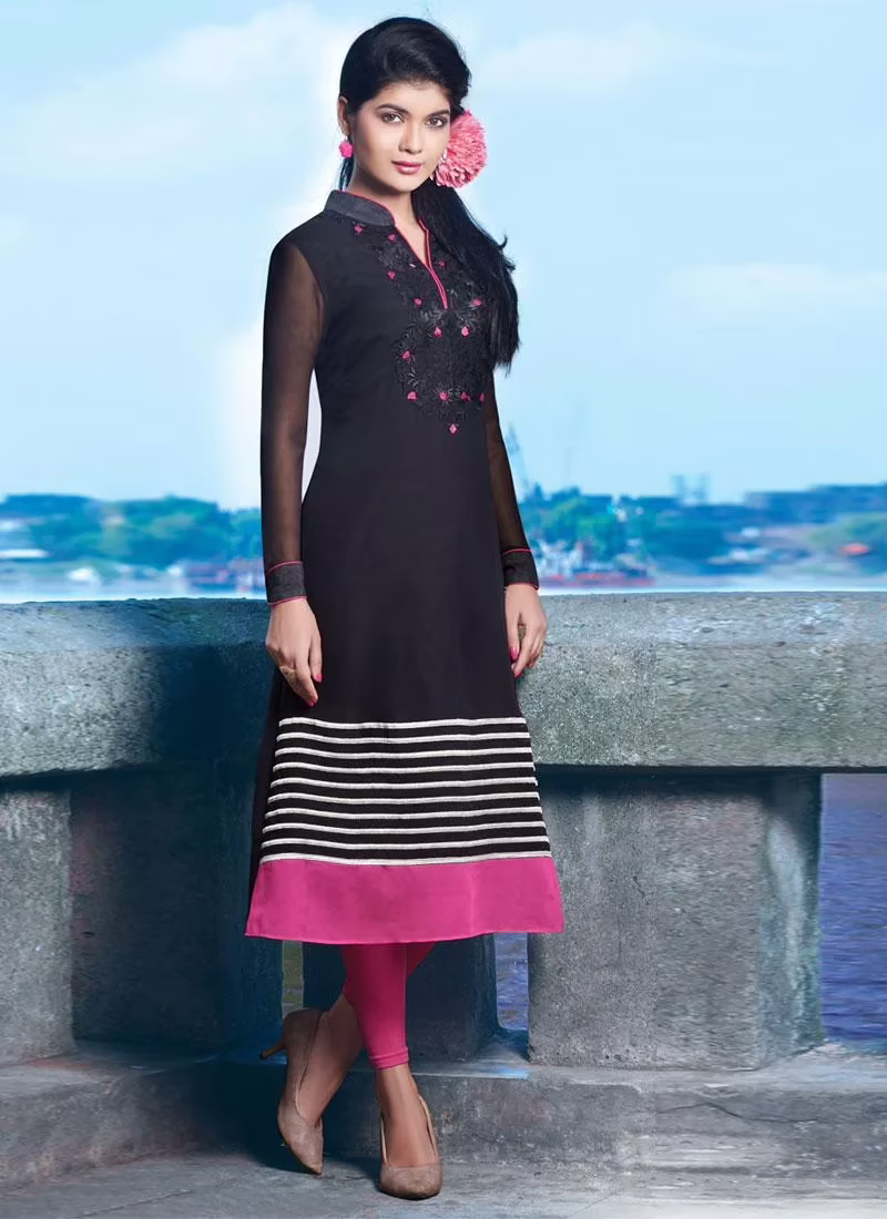 Hi-Fashion Black Embroidered Designer Readymade Kurtis