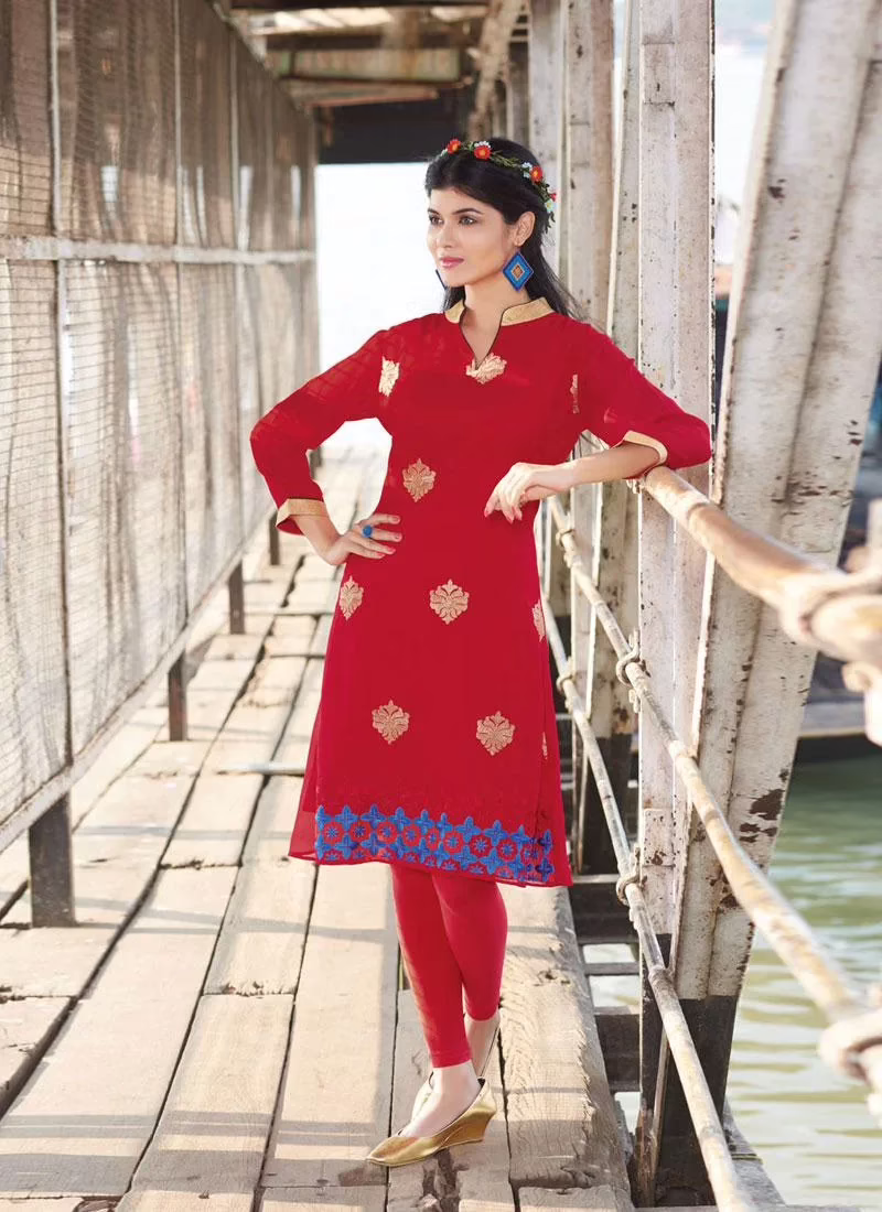 Hi-Fashion Red Embroidered Designer Readymade Kurtis