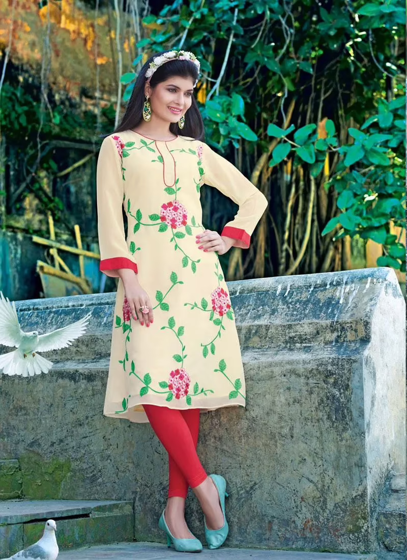 Hi-Fashion Beige Embroidered Designer Readymade Kurtis