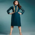 Hi-Fashion Teal Embroidered Designer Readymade Kurtis