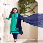 Hi-Fashion Embroidered Sea-Green With Navy Designer Straight Suit