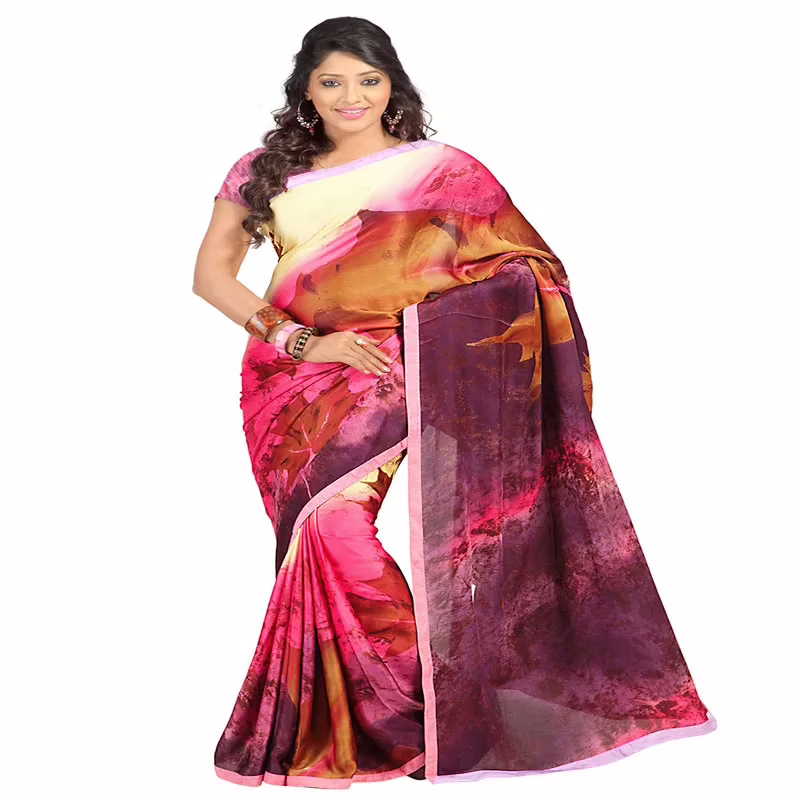 Lookslady Printed Pink Satin Georgette Saree