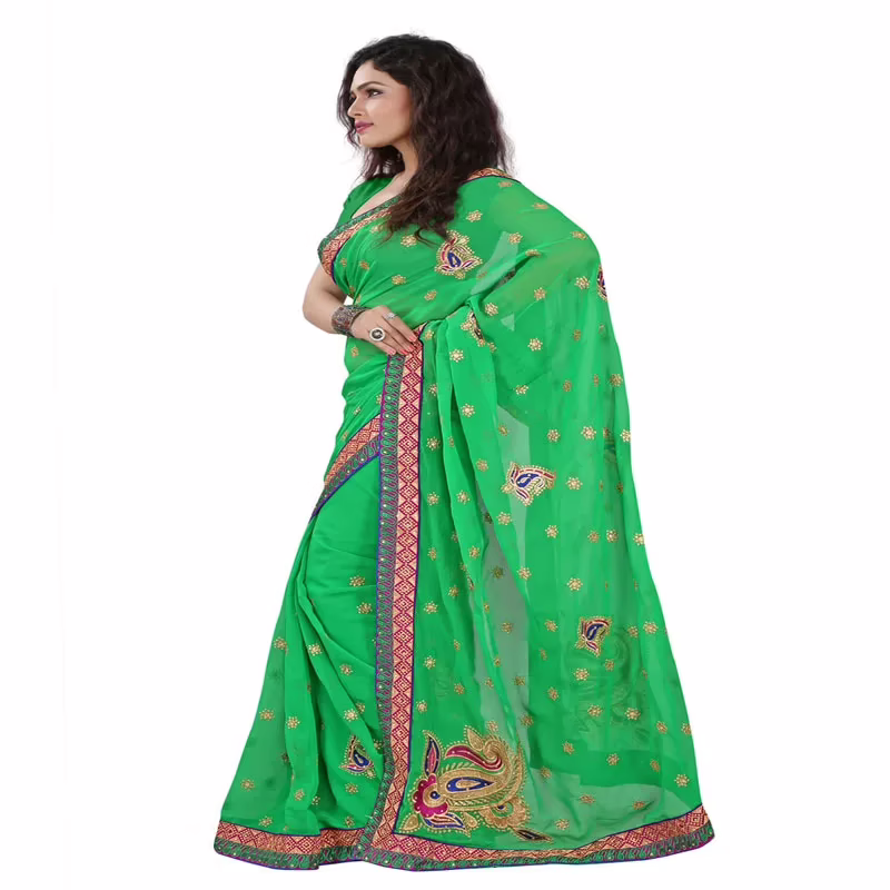 Lookslady Embroidered Green Chiffon Saree - Image 3