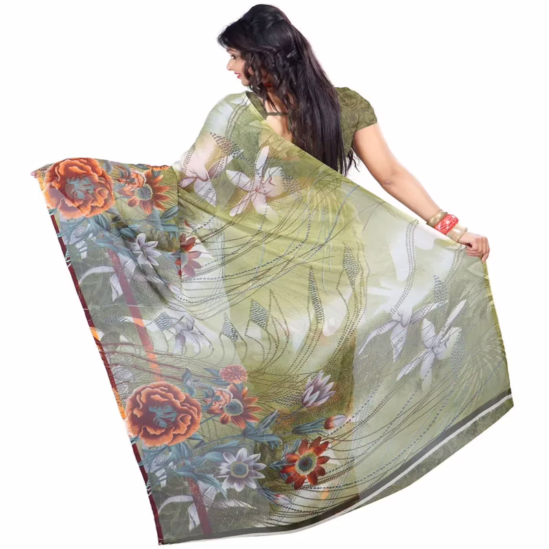 Lookslady Printed Green Chiffon Saree - Image 2