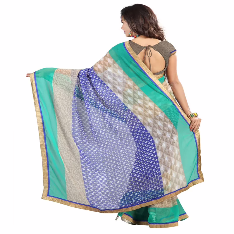 Lookslady Printed Blue Chiffon Saree - Image 2