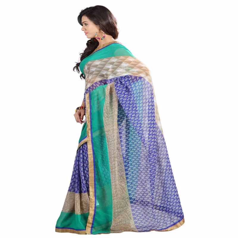 Lookslady Printed Blue Chiffon Saree - Image 3