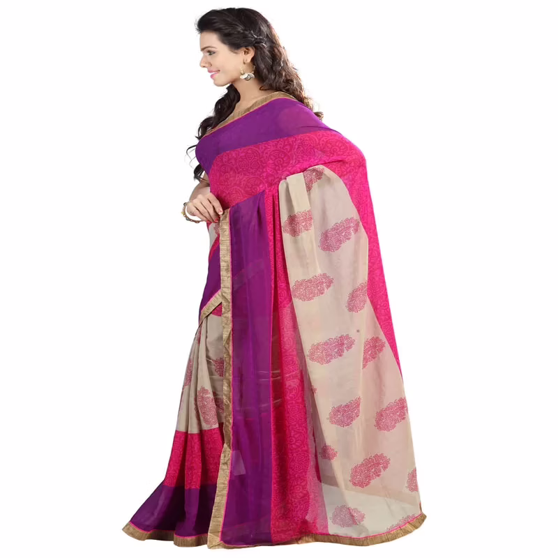 Lookslady Printed Pink Chiffon Saree - Image 3