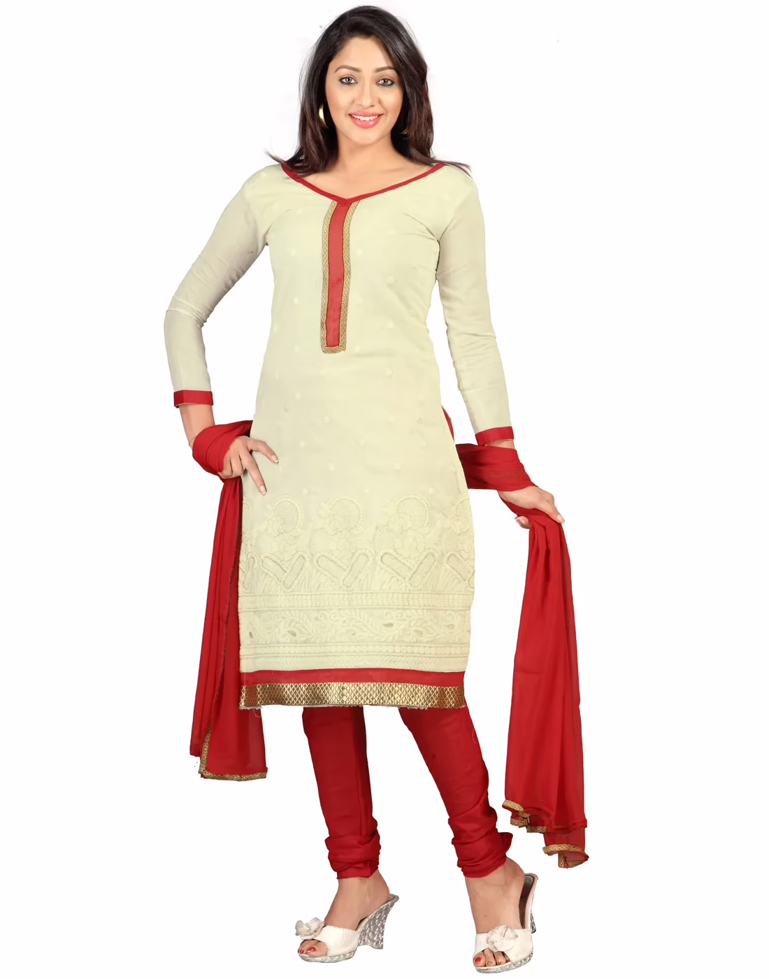Lookslady Embroidered Beige Cotton Dress-Material - Image 2