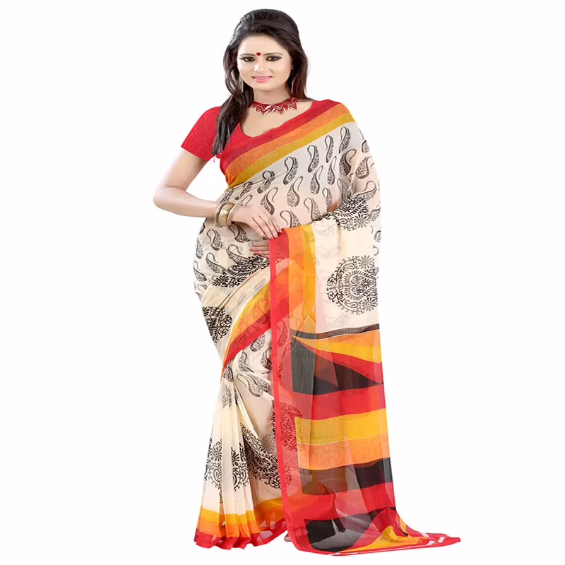 Lookslady Printed Red Chiffon saree