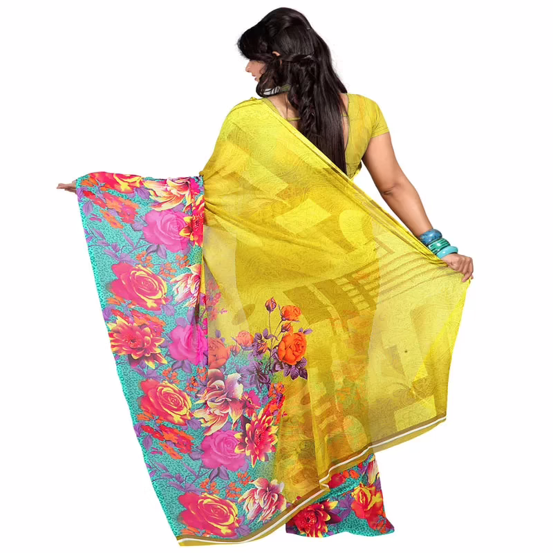 Lookslady Printed Yellow Faux Georgette saree - Image 4