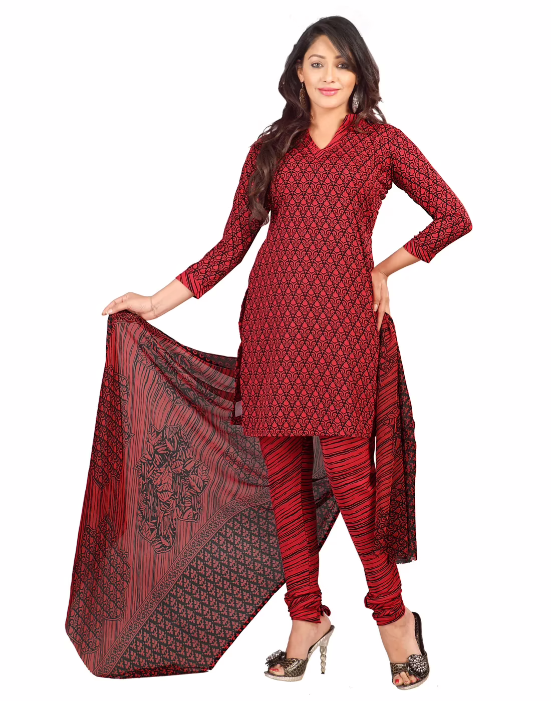 Lookslady Printed Red Crepe Dress-Material