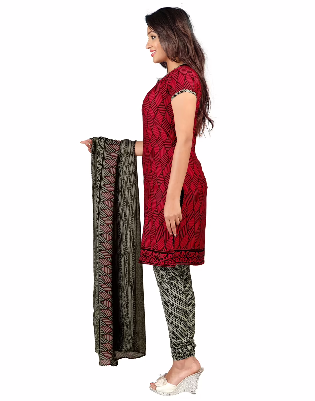 Lookslady Printed Red Crepe Dress-Material