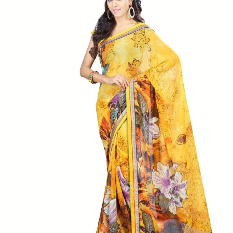 Lookslady Printed Yellow Faux Georgette saree
